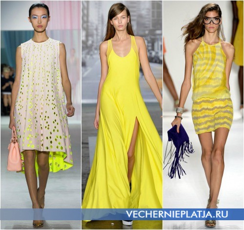 Контрастные сочетания аксессуаров с желтым платьем от Christian Dior, DKNY, Tracy Reese
